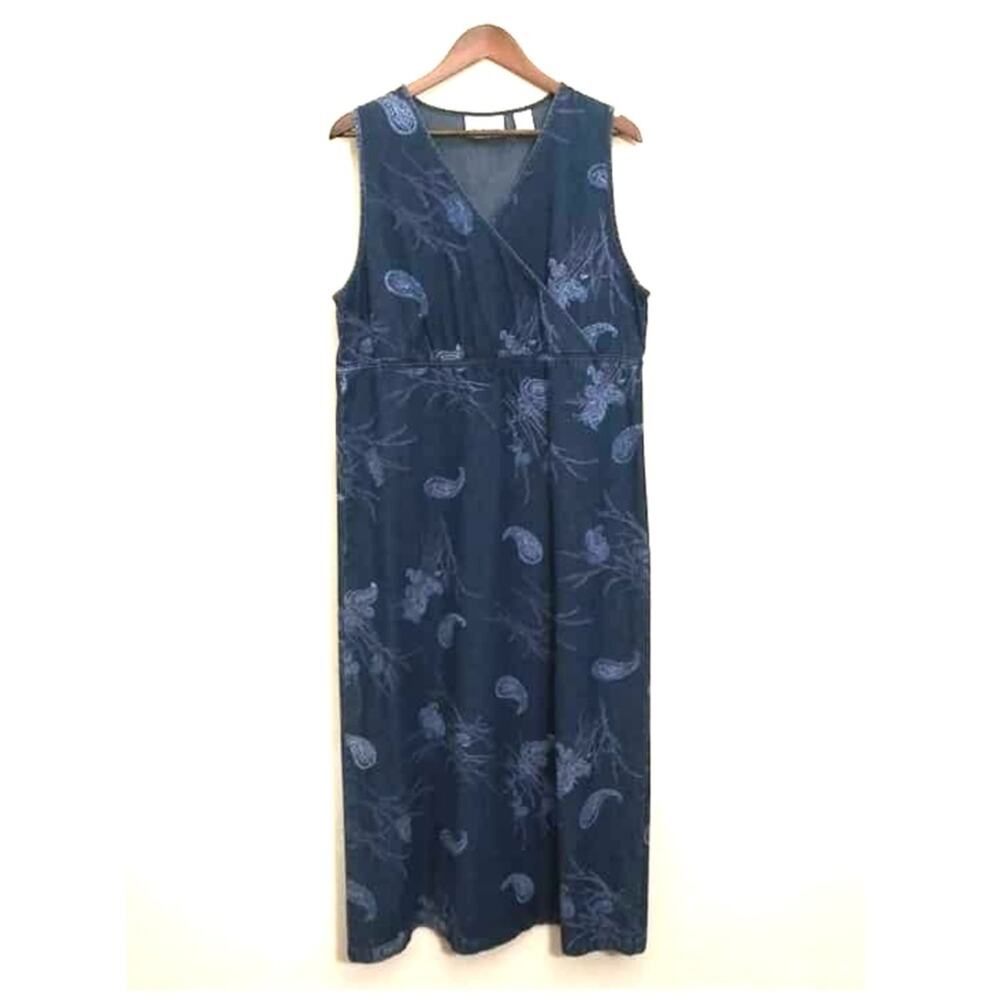 Westbound Jean Paisley Print Overall Maxi Denim Dress Modest Sz Large